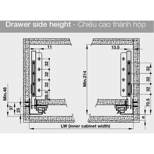Kích thước ray hộp Alto-S chiều cao 170mm Hafele 552.35.385