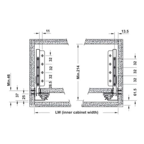 Kích thước ray hộp Alto-S chiều cao 170mm Hafele 552.35.785