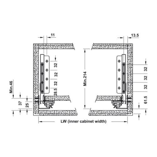 Kích thước ray hộp Alto-S chiều cao 170mm với thanh vuông Hafele 552.55.725