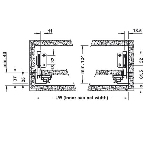 Kích thước ray hộp Hafele 552.36.335