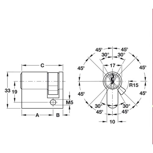 Kích thước ruột khóa 1 đầu Hafele 916.00.603, 45.5mm Đồng thau