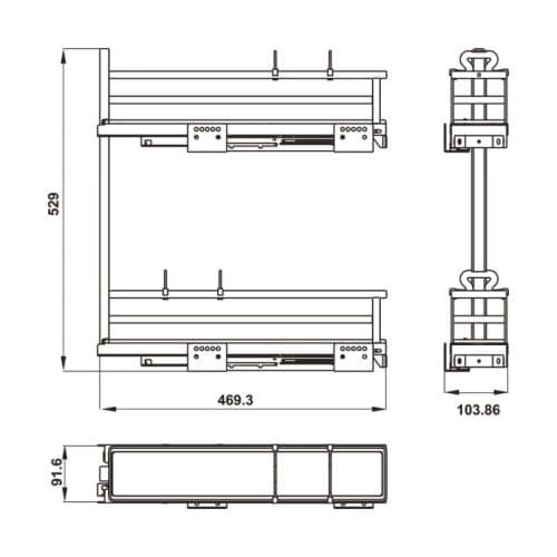 Kích thước bộ rổ gia vị Hafele Omero 549.20.890 150mm (trái)