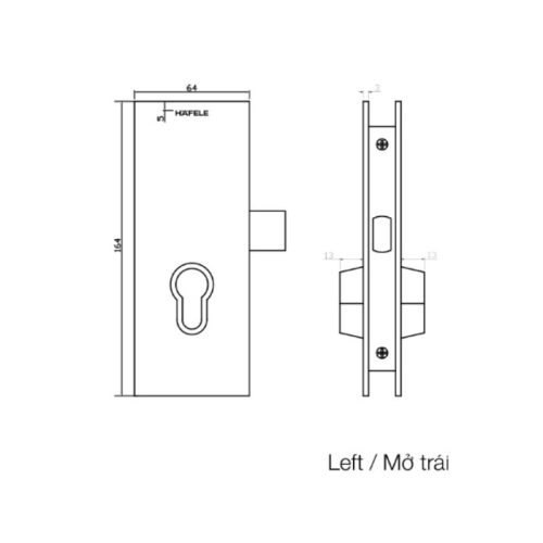 Kích thước khóa cửa kính thân khóa mở xoay mở trái Hafele 981.59.080