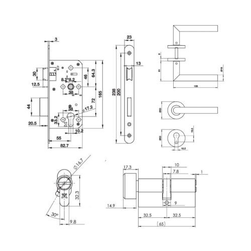 Khóa tay nắm cửa vệ sinh Hafele DIY 489.10.661 3 Kích thước khóa tay nắm cửa vệ sinh Hafele DIY 489.10.661