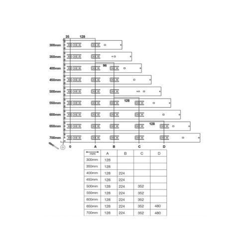Thông số của ray bi không giảm chấn dài 500mm Hafele 494.02.145