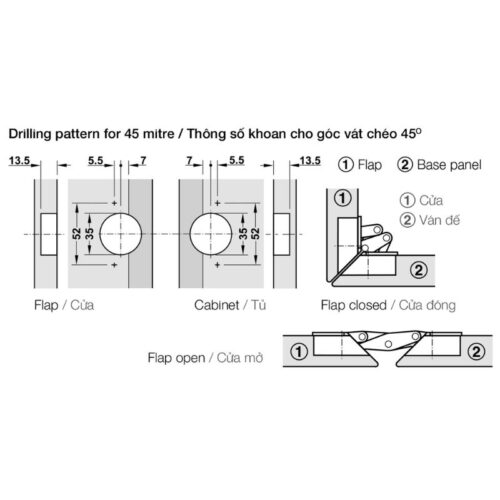 Kích thước bản lề cửa lật Mitred GS góc mở 95º Hafele 325.02.702