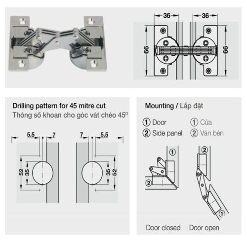 Kích thước bản lề tủ Mitred cho góc vát chéo 45º Hafele 325.00.708